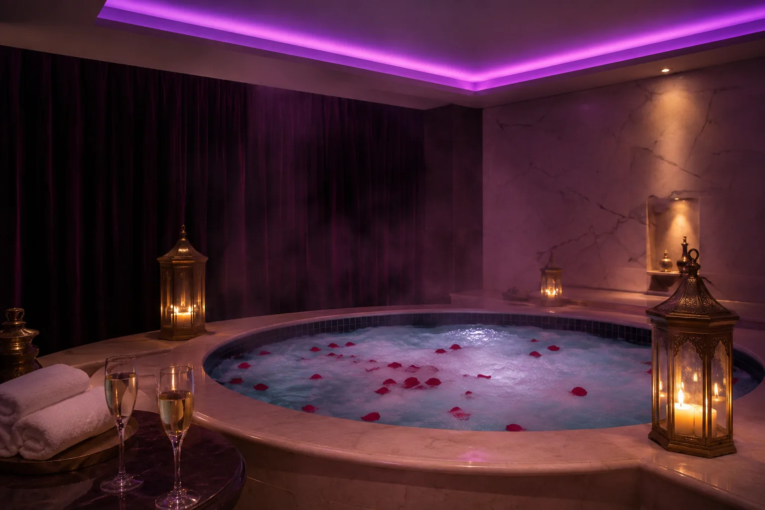 Jakuzili vip odanın mor ışıklı hâli — Lila Spa, Sultangazi misafirlerine hizmet veren salon